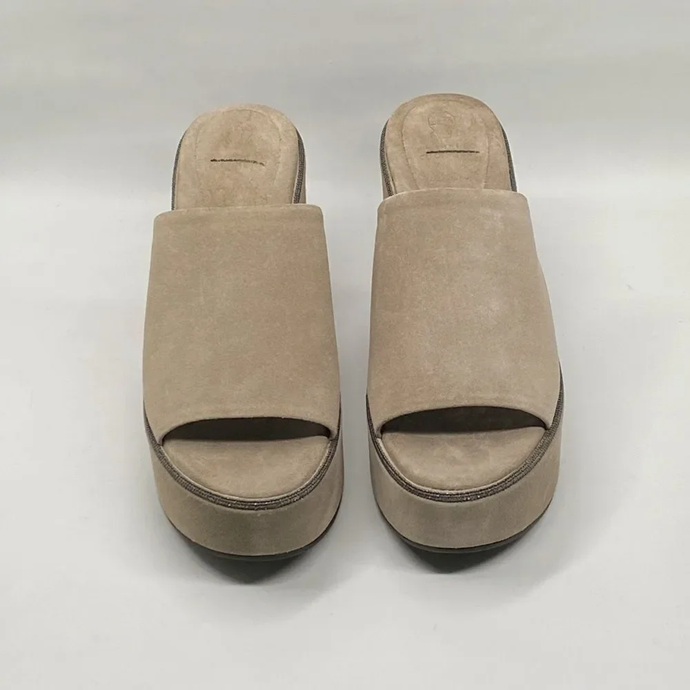 Brunello Cucinelli Suede Monili Platform Slide Sandals size 38